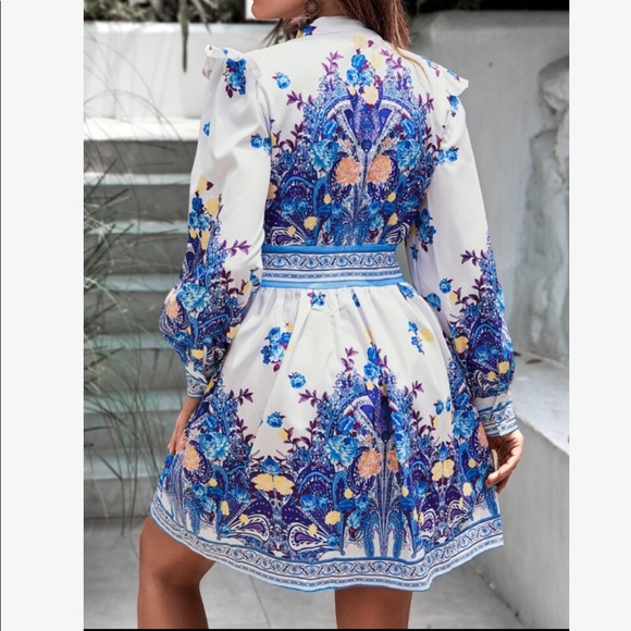 Boho Floral Paisley Print Puff Sleeve Open Front Dress - Picture 9 of 16